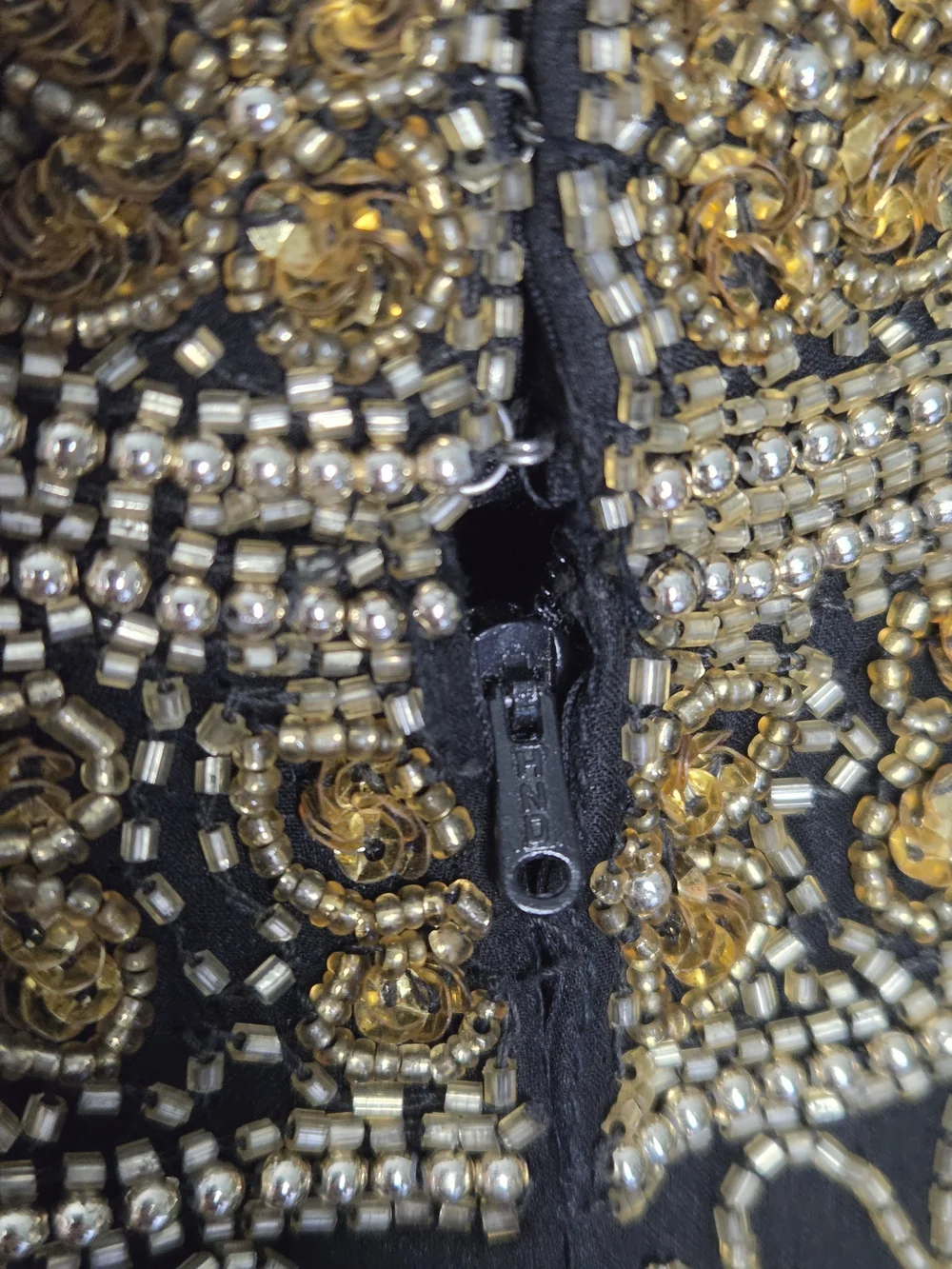 Vintage Laurence Kazar Floral Beaded 100% Silk Black & Gold Halter Top Medium